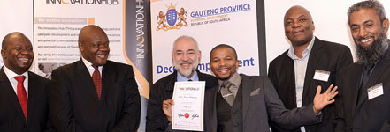 From Left to right: McLean Sibanda, CEO of The Innovation Hub; Siphiwe Ngwenya, acting group CEO of the Gauteng Growth and Development Agency; Barry Dwolatzky, director and CEO of JCSE,WITS; Matome Matthews Raphasha, Coachlab graduate; Charlton Philiso, senior manager at MICT Seta and Alfie Hamid, programme manager at Cisco Systems.